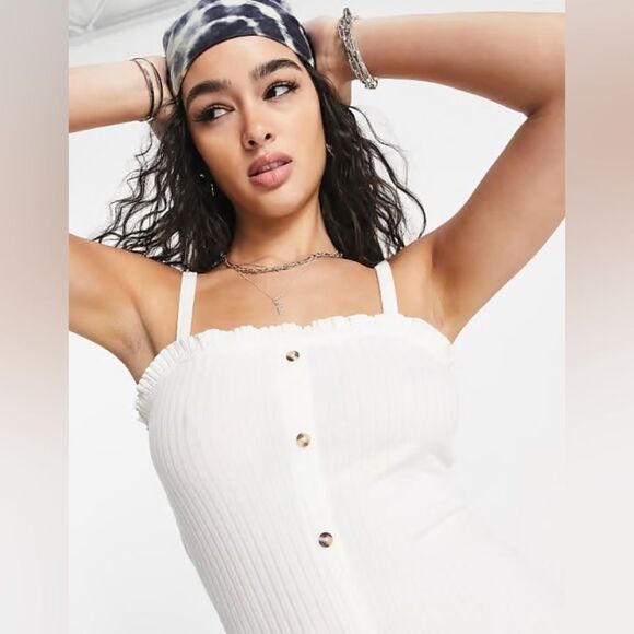 ASOS DESIGN mini button through ribbed dress with frill hem in cream white US 6 - Picture 3 of 6